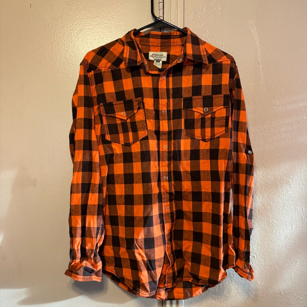 American Rag Orange and Black Plaid Casual Button Down Shirt Y2K Style Men’s M